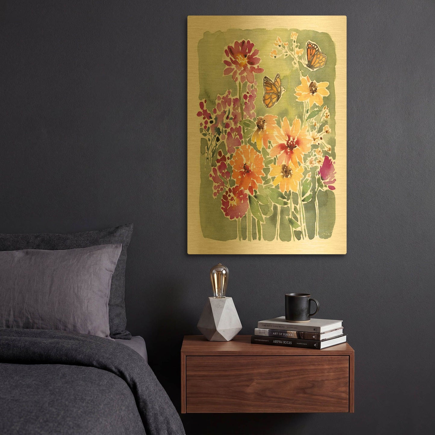 'Monarchs and Blooms' By Katrina Pete Gold Metal Wall Art