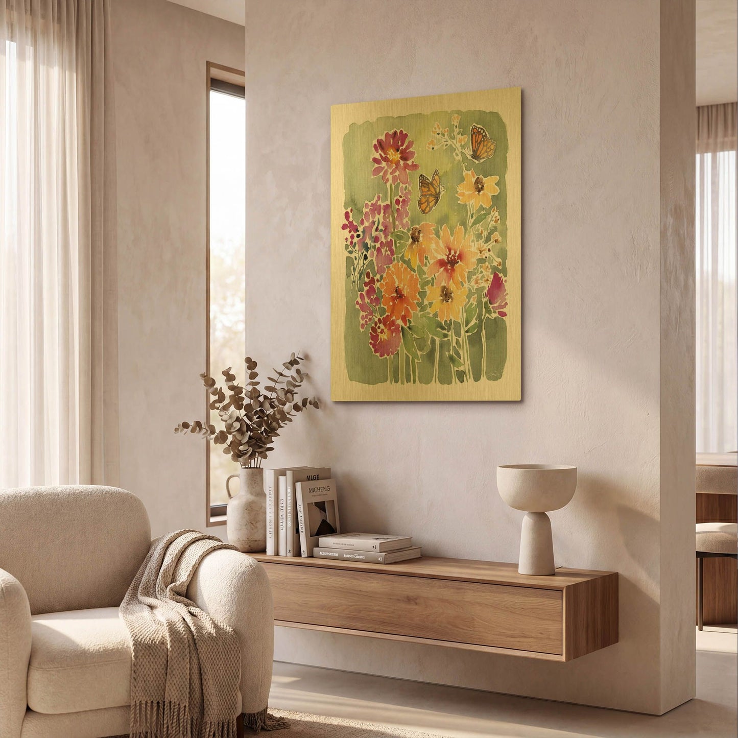 'Monarchs and Blooms' By Katrina Pete Gold Metal Wall Art