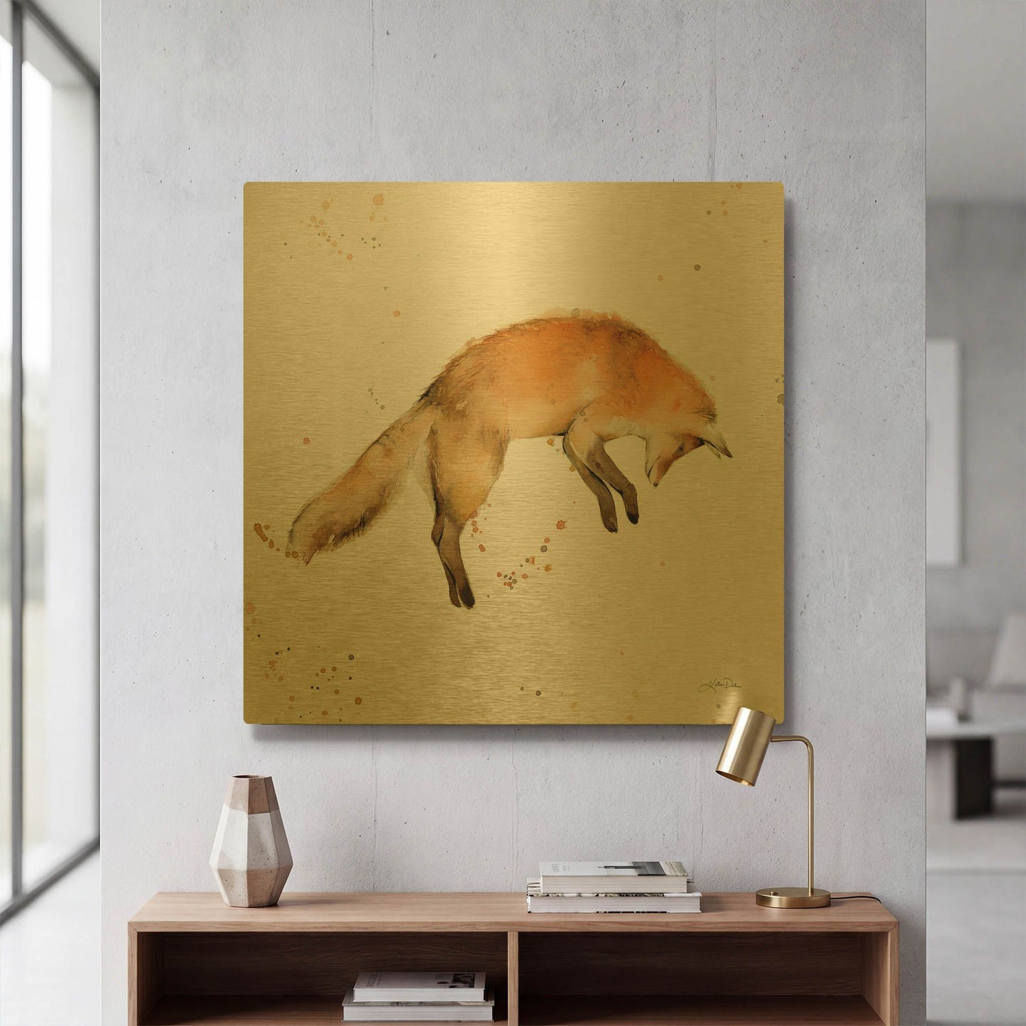 'Jumping Fox' By Katrina Pete Gold Metal Wall Art