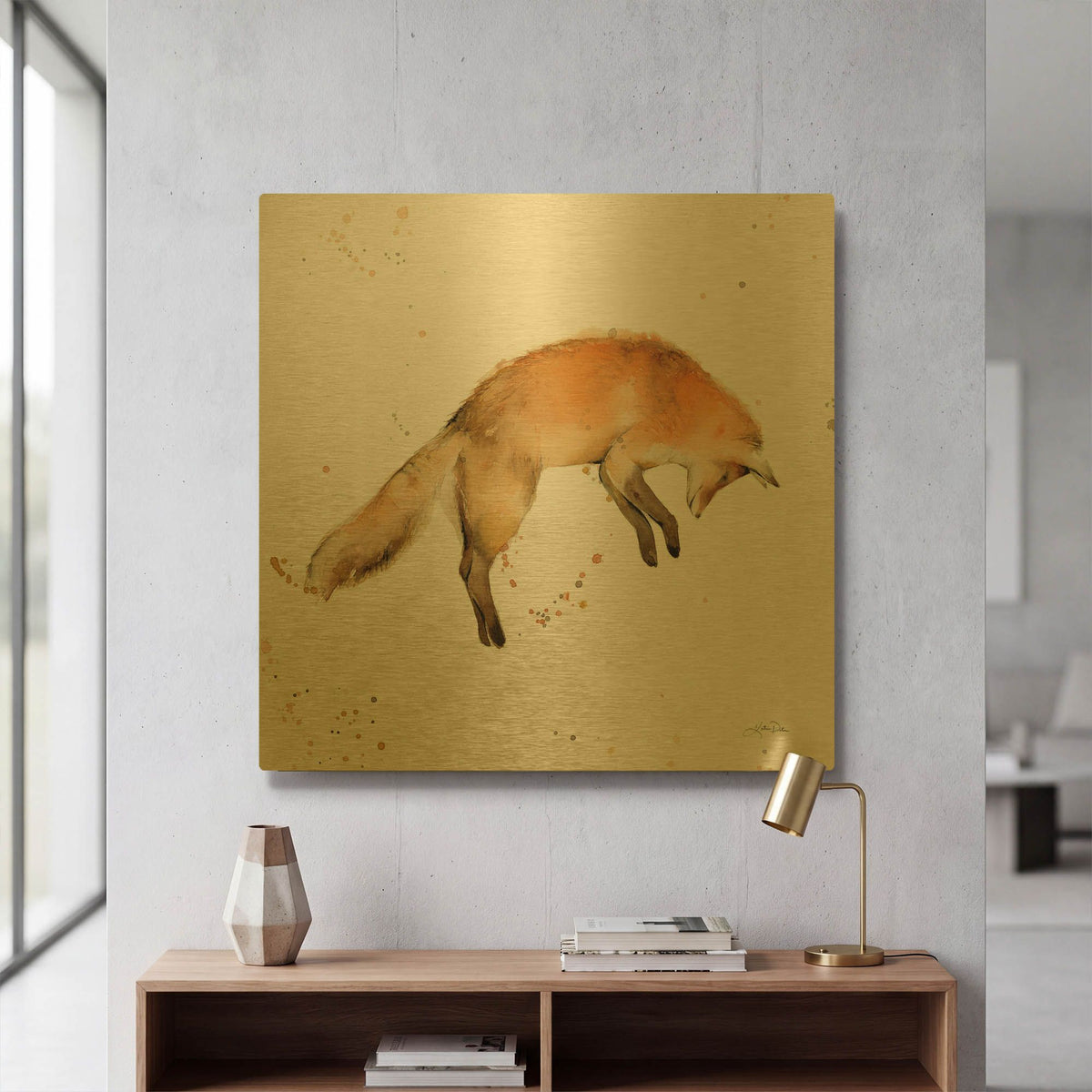 'Jumping Fox' By Katrina Pete Gold Metal Wall Art
