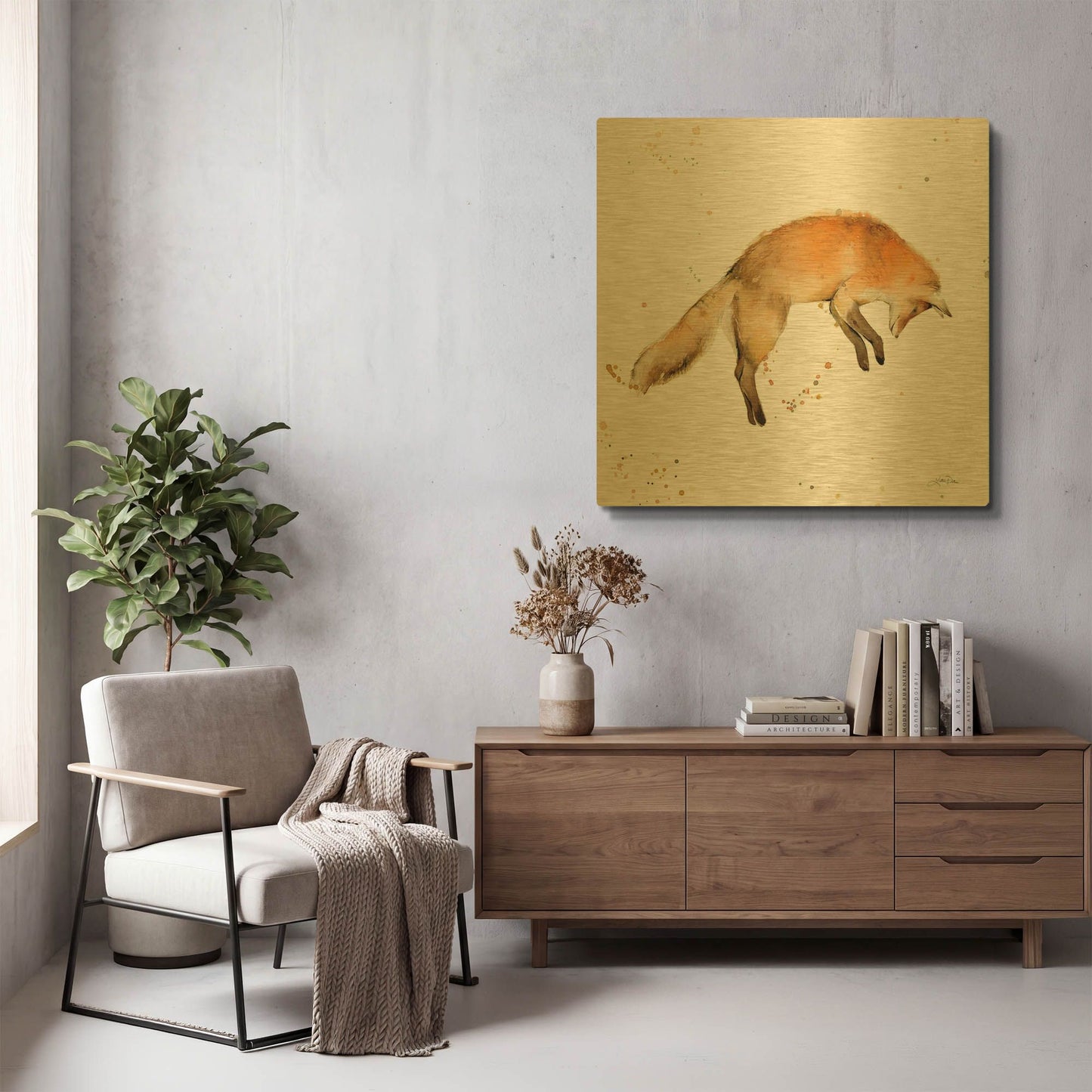 'Jumping Fox' By Katrina Pete Gold Metal Wall Art
