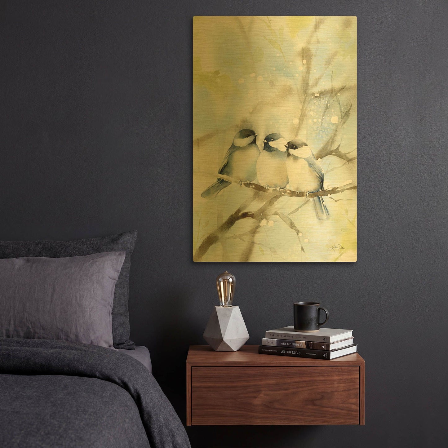 'Three Chickadees in Spring' By Katrina Pete Gold Metal Wall Art
