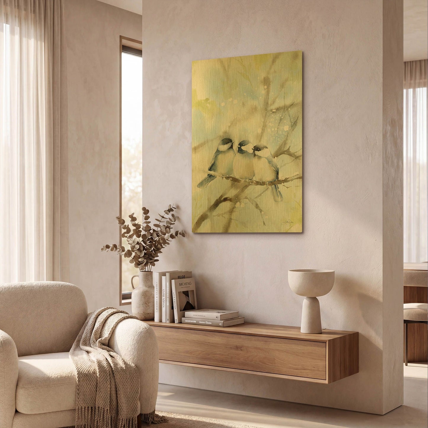 'Three Chickadees in Spring' By Katrina Pete Gold Metal Wall Art