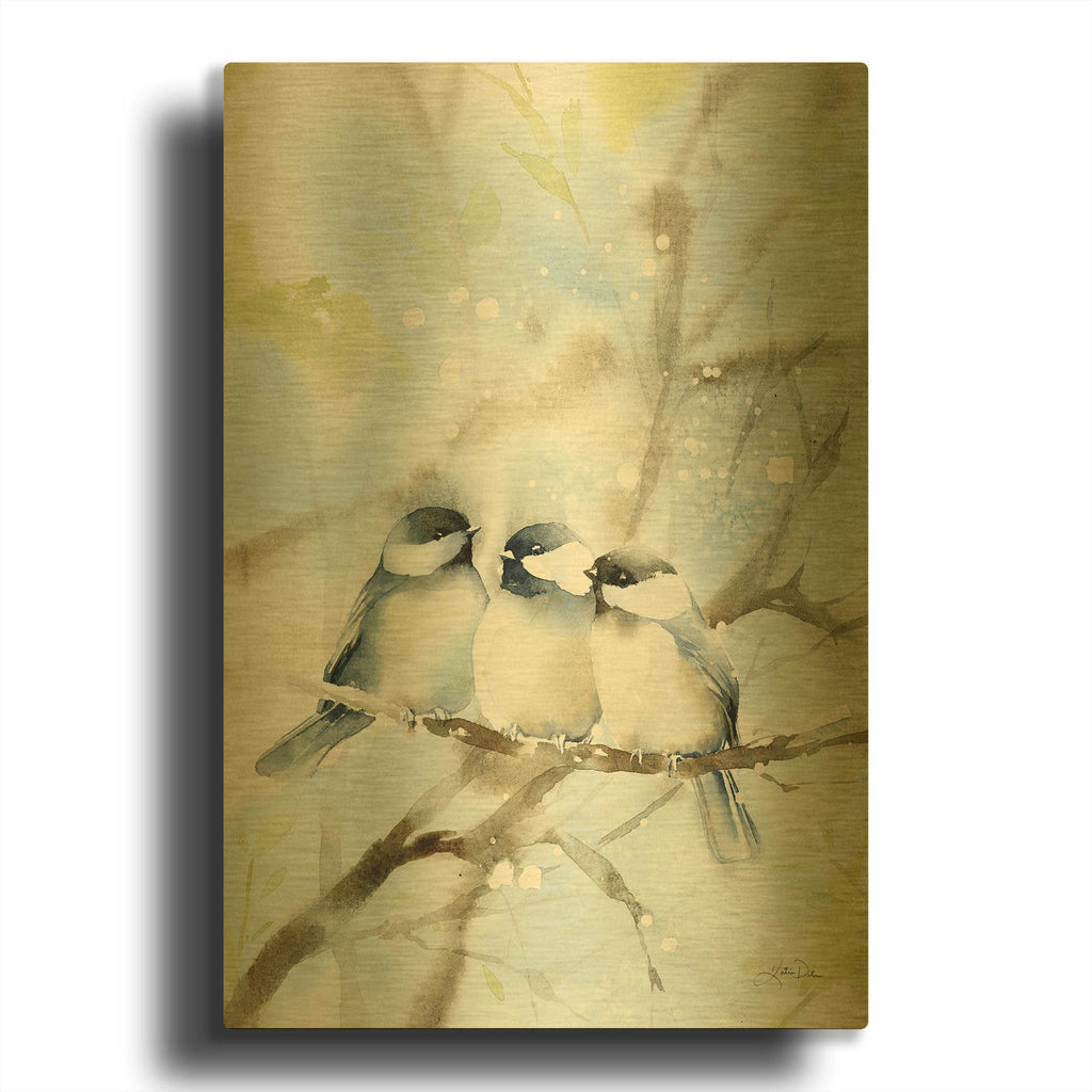 'Three Chickadees in Spring' By Katrina Pete Gold Metal Wall Art