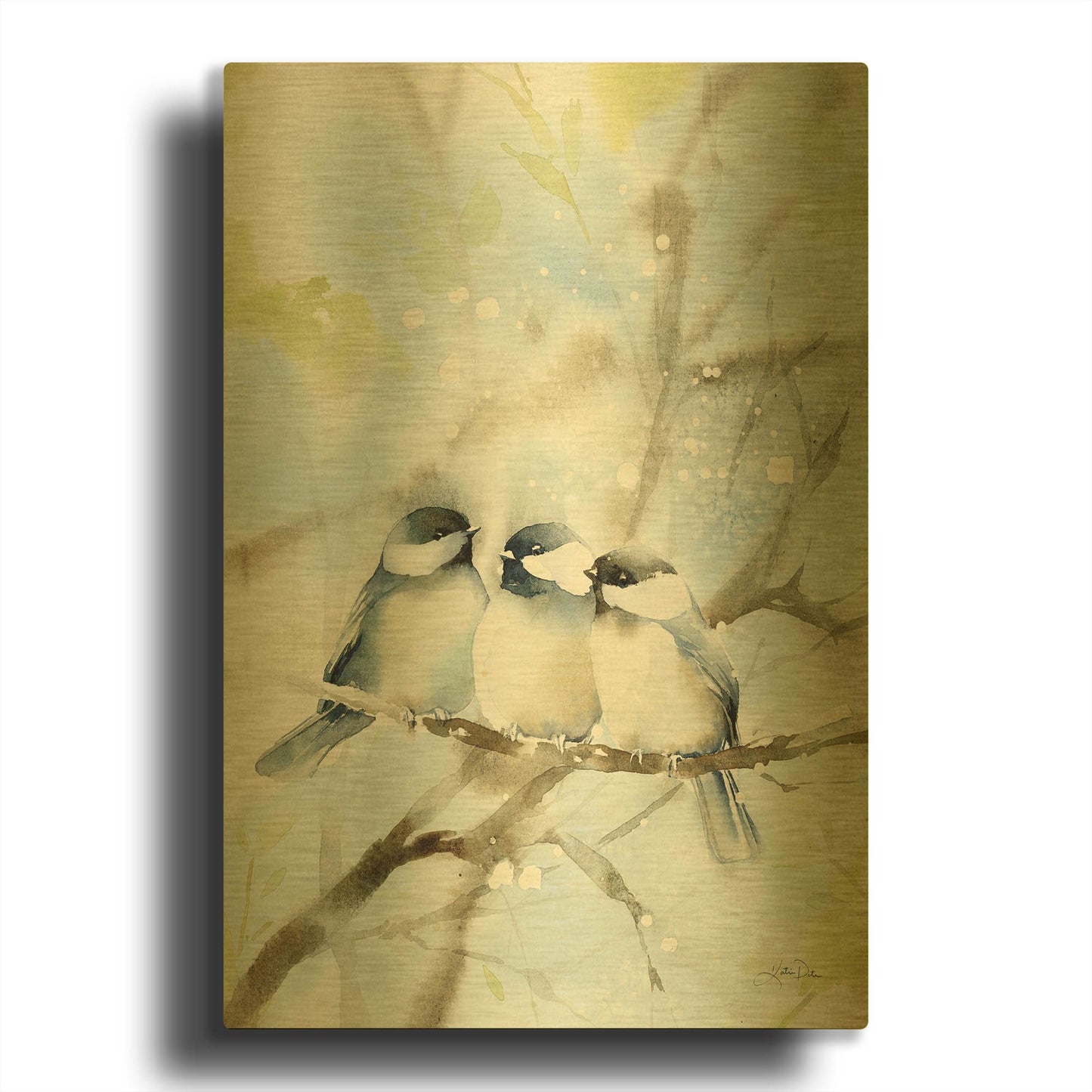 'Three Chickadees in Spring' By Katrina Pete Gold Metal Wall Art