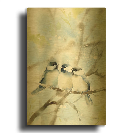 'Three Chickadees in Spring' By Katrina Pete Gold Metal Wall Art