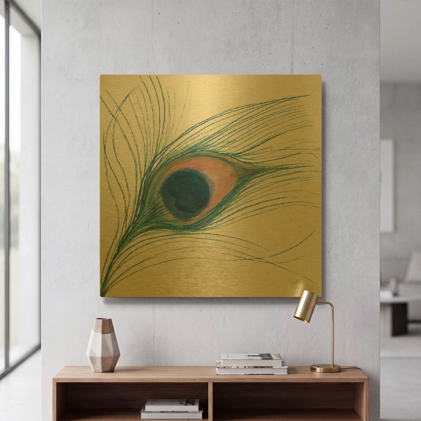 'Peacock Feather I Blue' By Miranda Thomas Gold Metal Wall Art