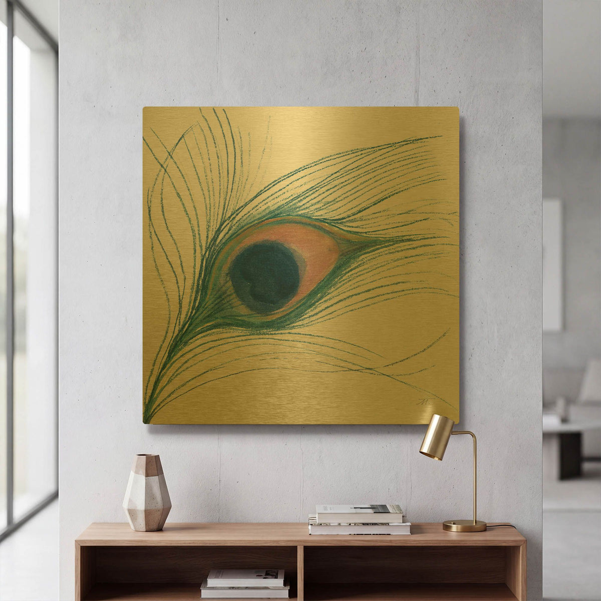 'Peacock Feather I Blue' By Miranda Thomas Gold Metal Wall Art