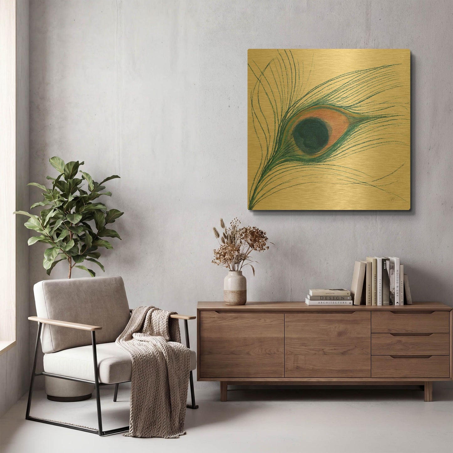 'Peacock Feather I Blue' By Miranda Thomas Gold Metal Wall Art