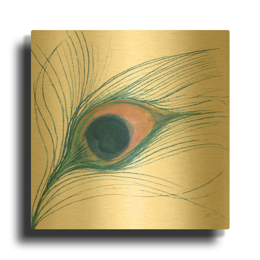 'Peacock Feather I Blue' By Miranda Thomas Gold Metal Wall Art