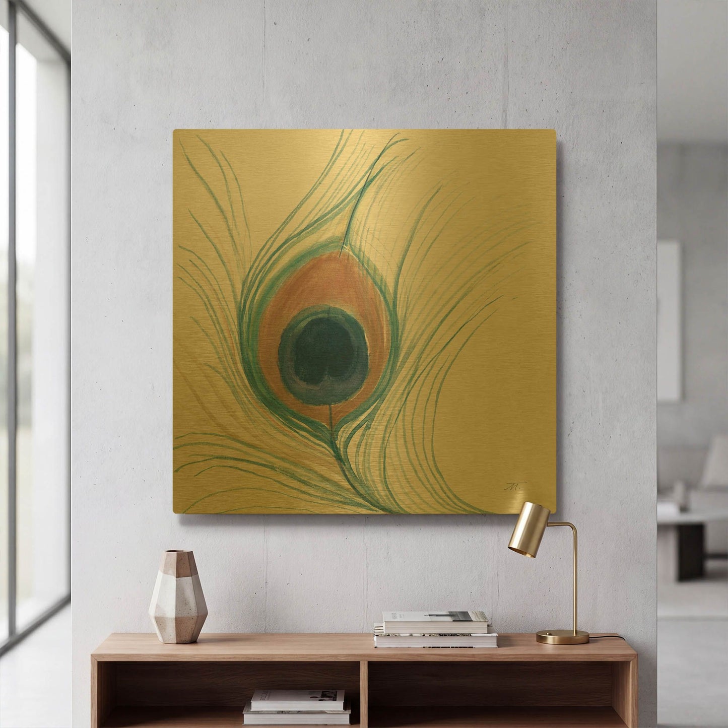 'Peacock Feather II Blue' By Miranda Thomas Gold Metal Wall Art
