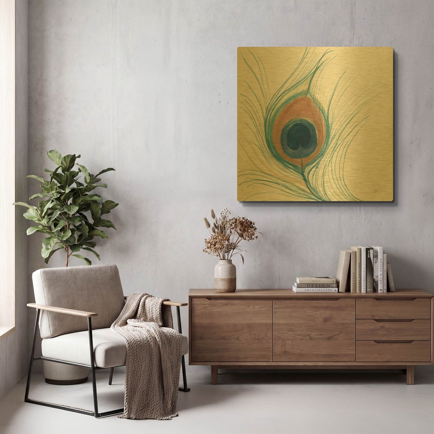 'Peacock Feather II Blue' By Miranda Thomas Gold Metal Wall Art