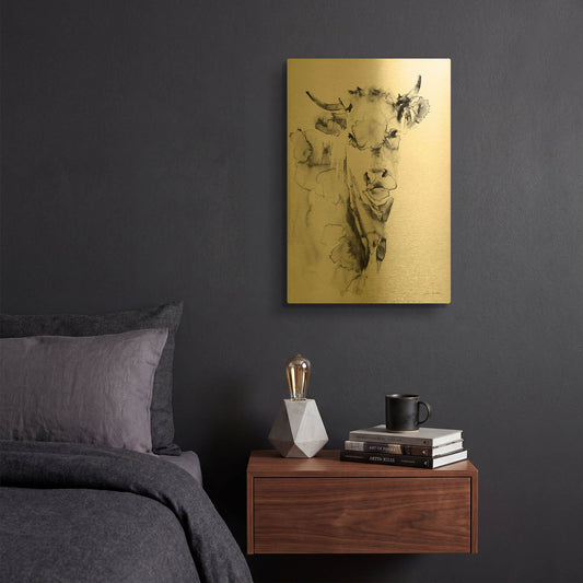 'Village Cow Gray' By Alan Majchrowicz Gold Metal Wall Art
