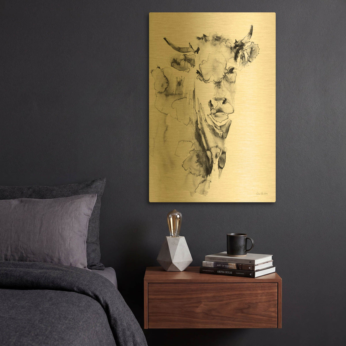 'Village Cow Gray' By Alan Majchrowicz Gold Metal Wall Art