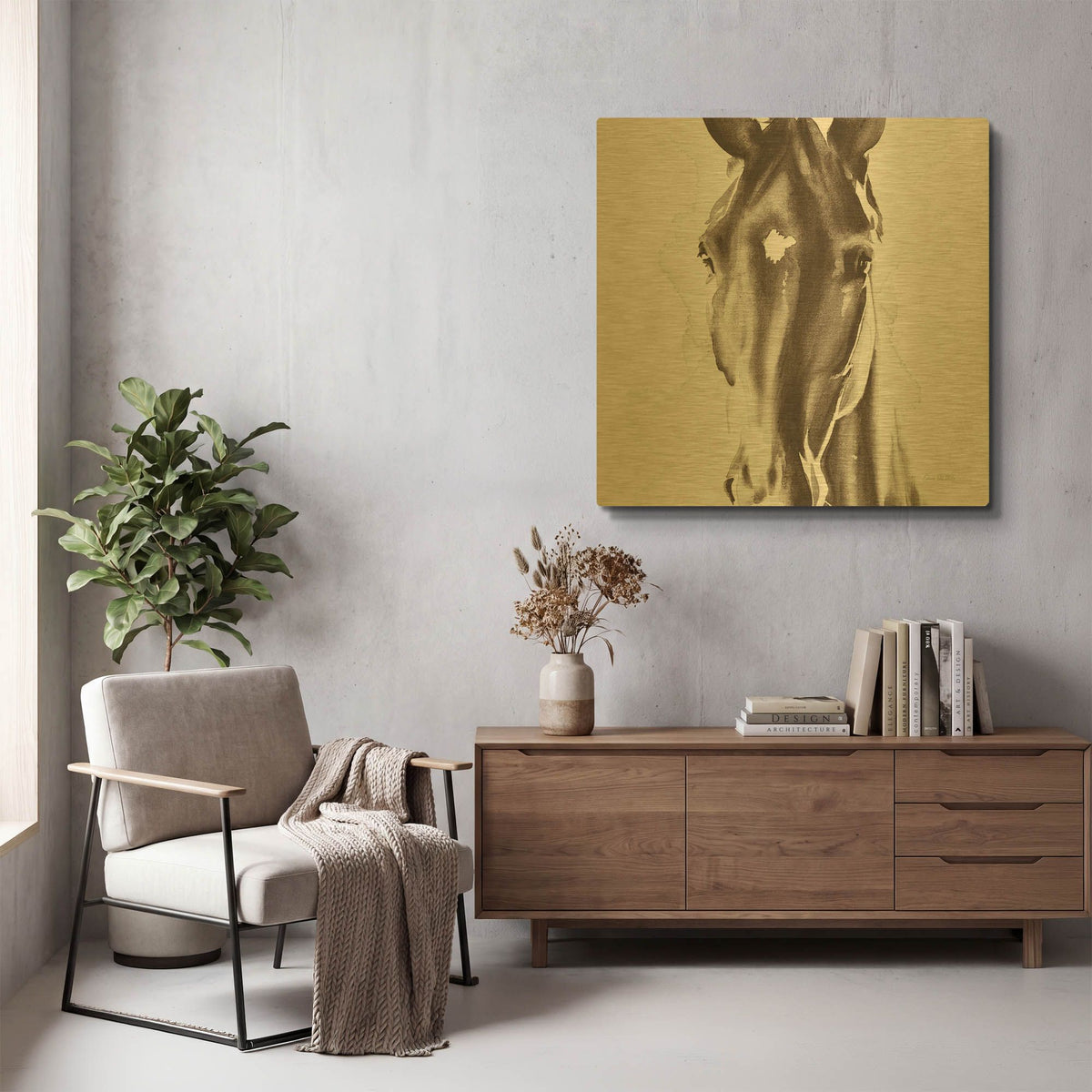 'Le Cheval Noir Brown' By Alan Majchrowicz Gold Metal Wall Art