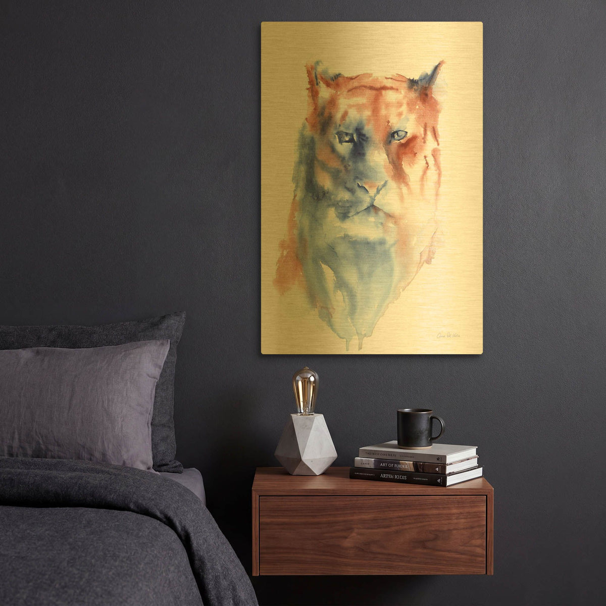 'Copper And Blue Lioness' By Alan Majchrowicz Gold Metal Wall Art