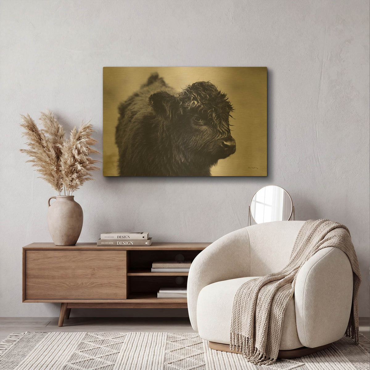 'Scottish Highland Cattle XI BW' By Alan Majchrowicz Gold Metal Wall Art