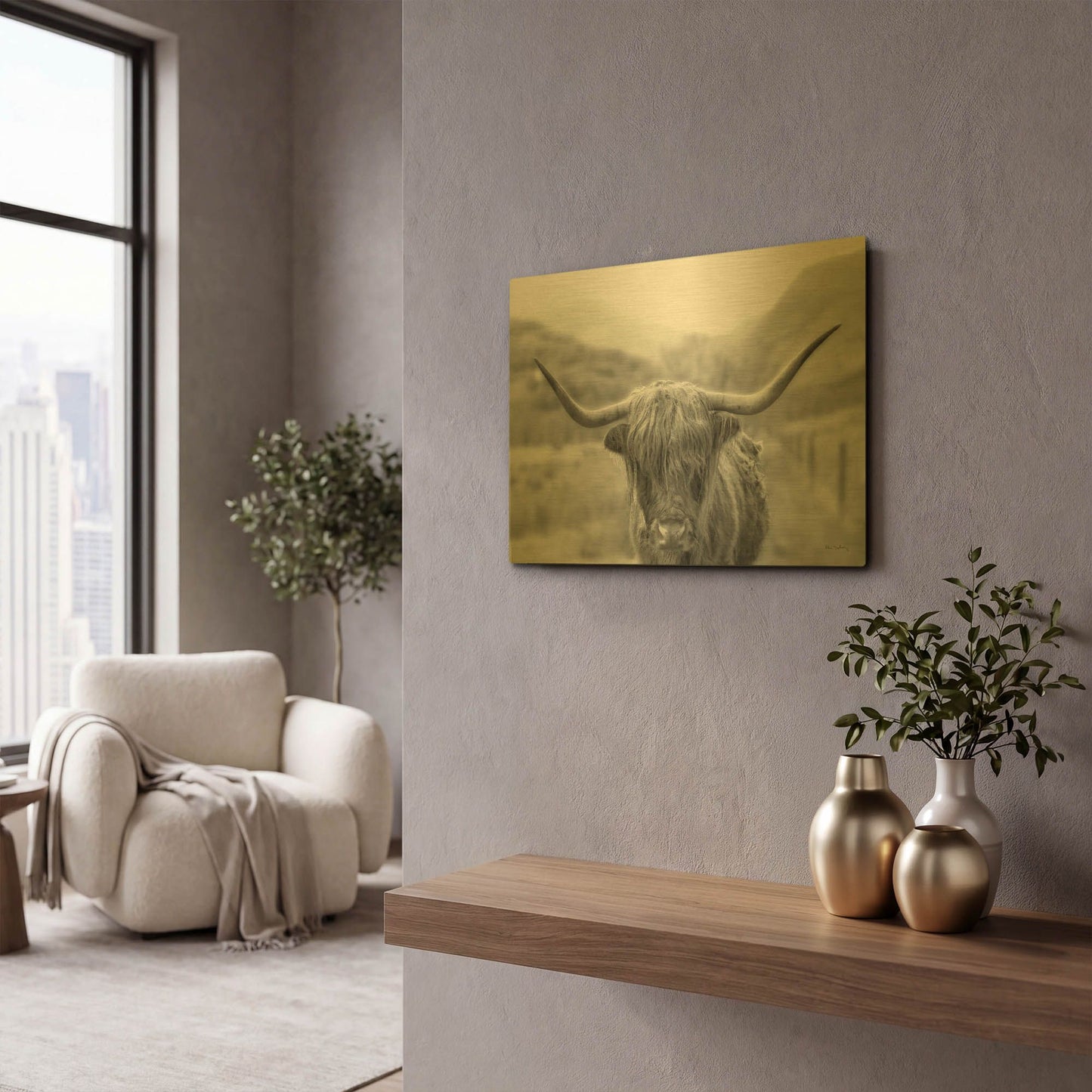 'Scottish Highland Cattle III Neutral Crop' By Alan Majchrowicz Gold Metal Wall Art