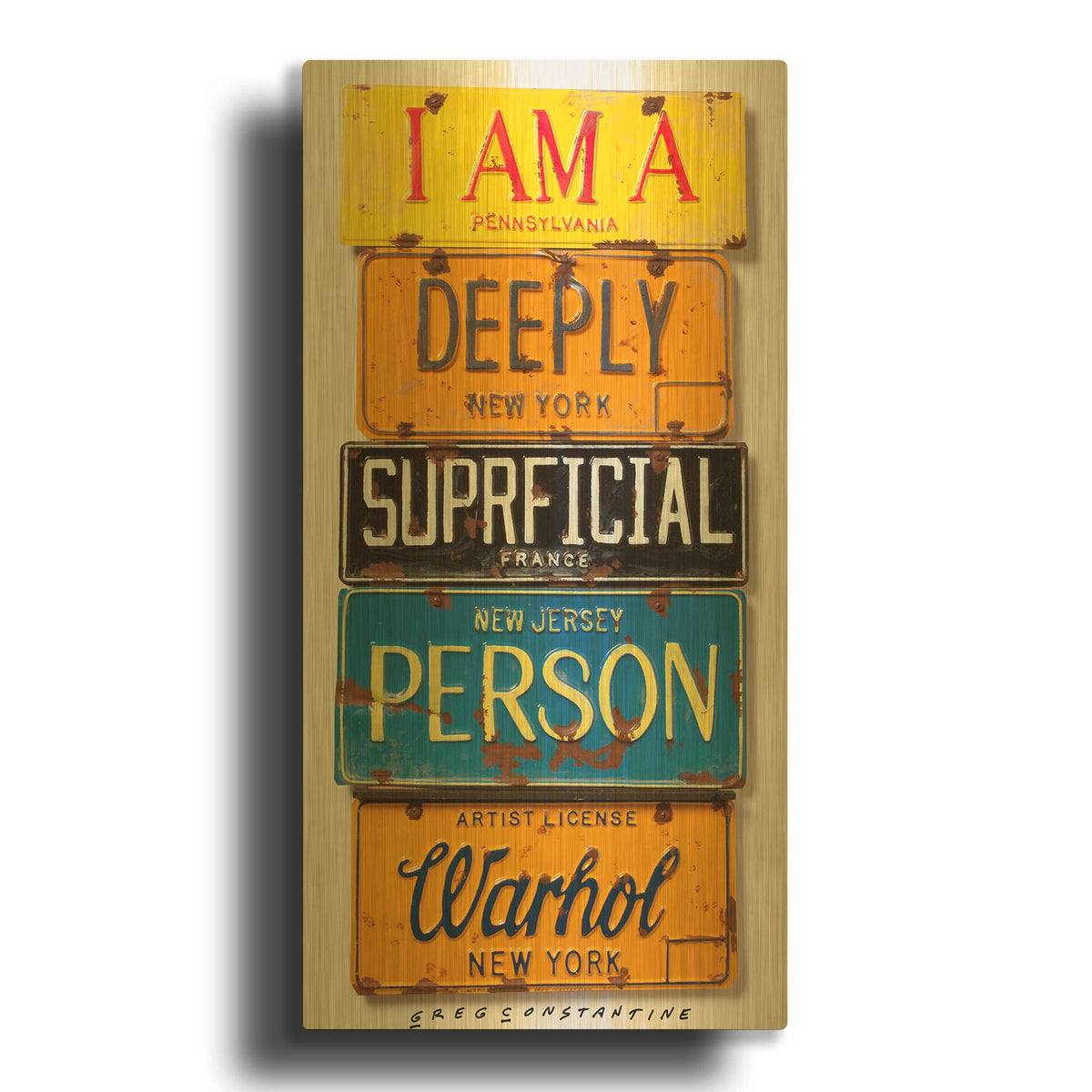 'Warhol Superficial Person' By Gregory Constantine Gold Metal Wall Art