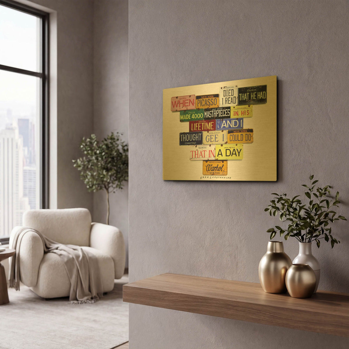 'Warhol Picasso Died' By Gregory Constantine Gold Metal Wall Art