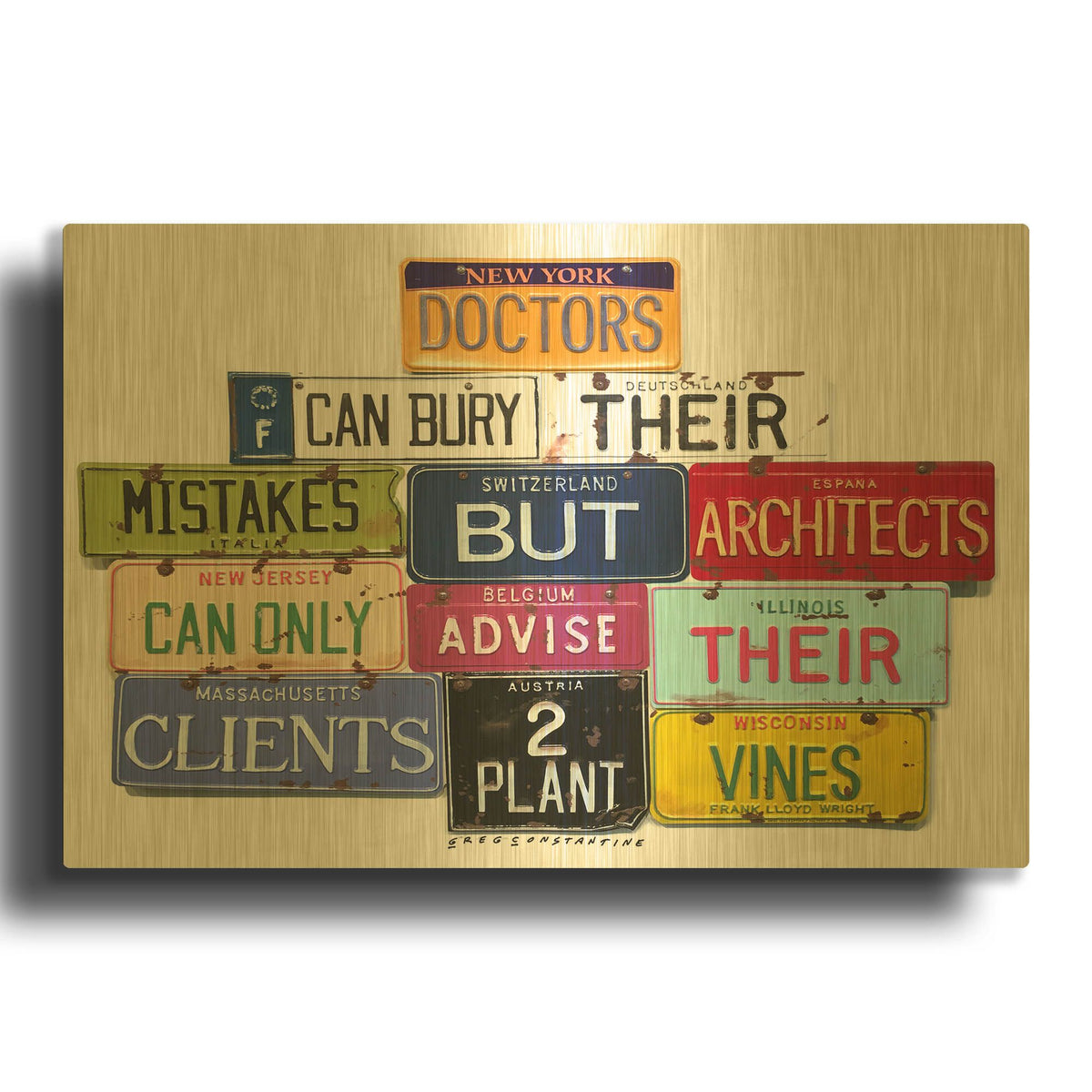 'FLWright Doctors Bury Mistakes' By Gregory Constantine Gold Metal Wall Art
