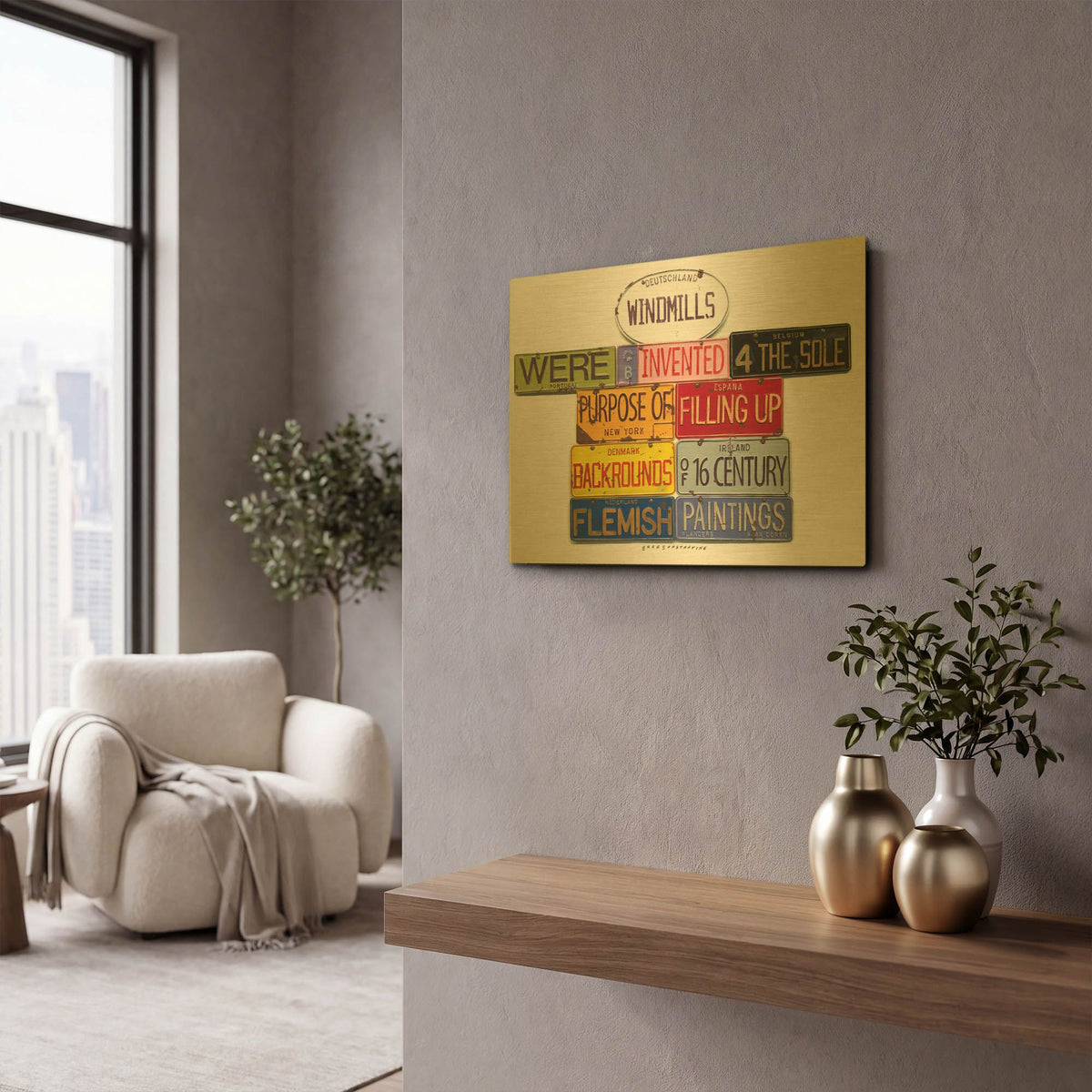 'Coren Windmills' By Gregory Constantine Gold Metal Wall Art
