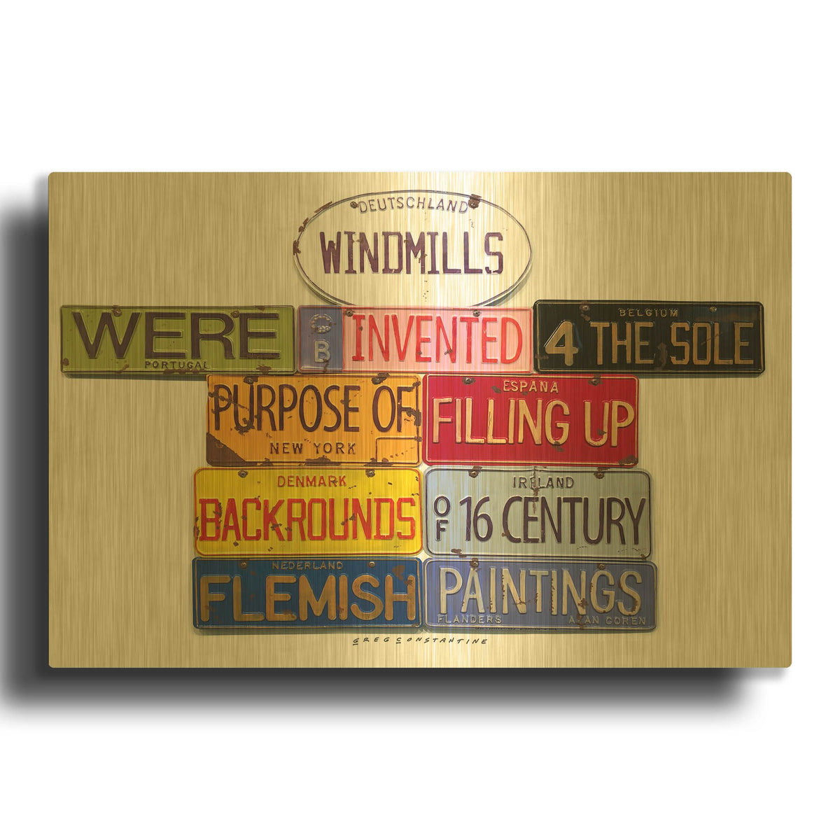 'Coren Windmills' By Gregory Constantine Gold Metal Wall Art