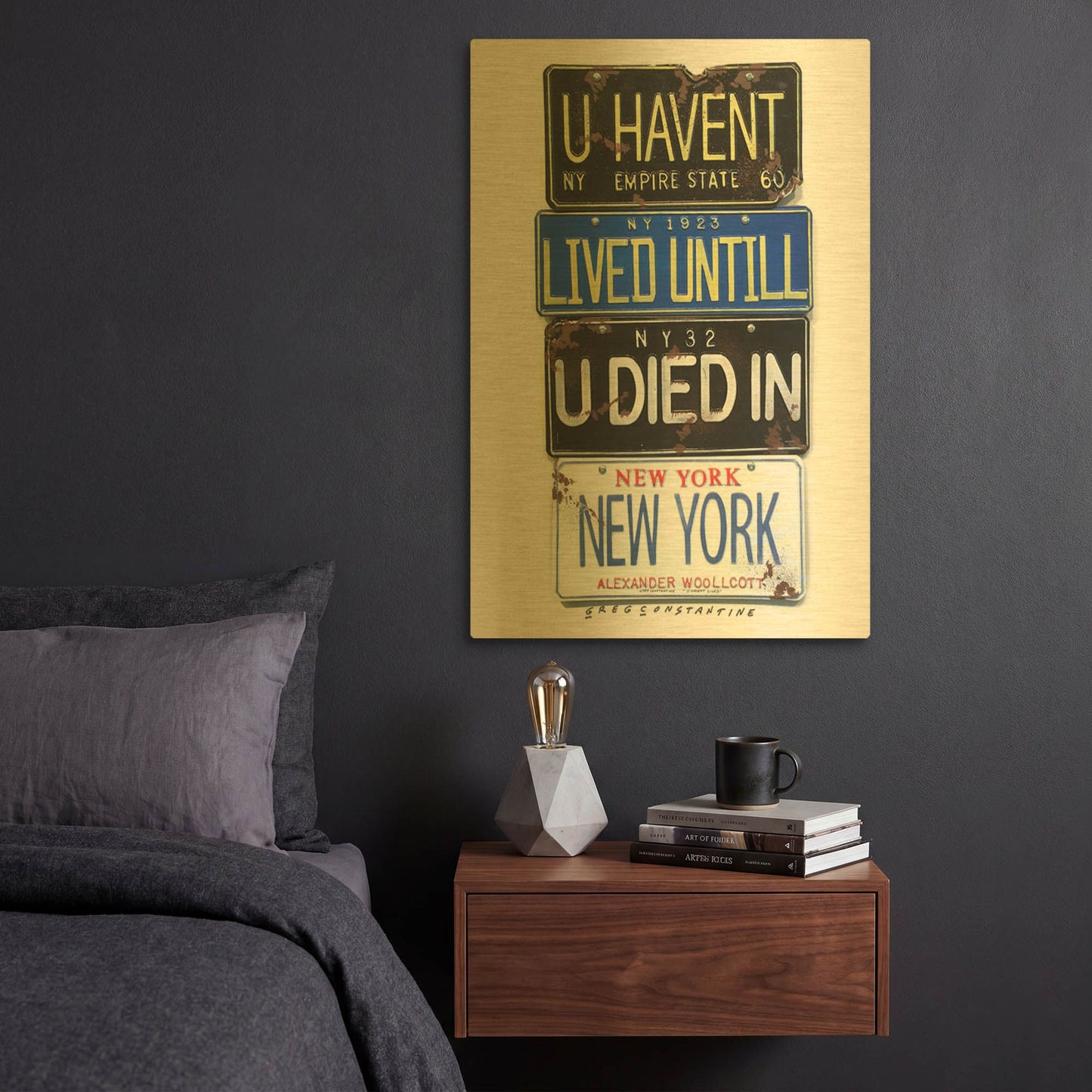 'Woolcott Died In NY' By Gregory Constantine Gold Metal Wall Art