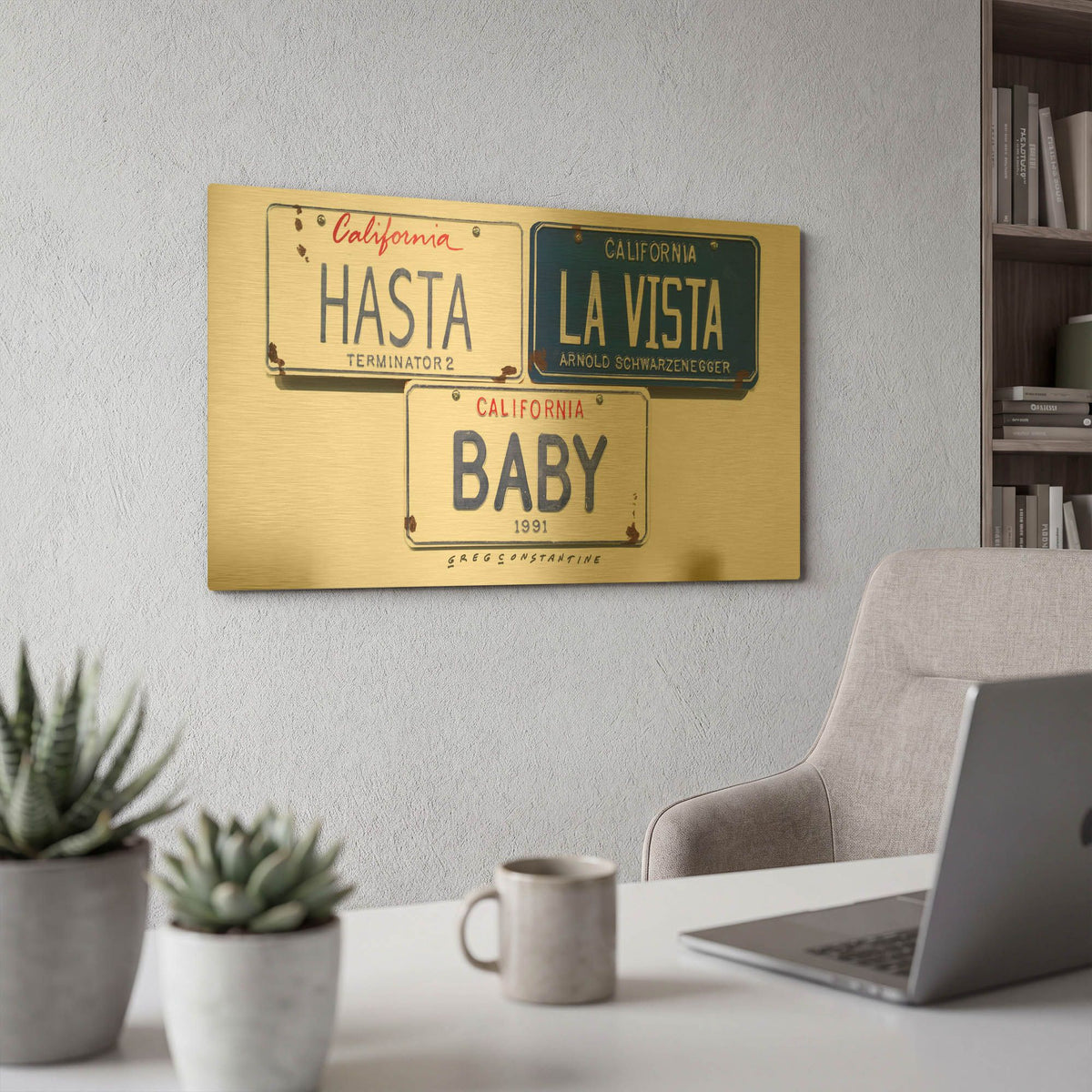'Schwarzenneger Hasta La Vista' By Gregory Constantine Gold Metal Wall Art