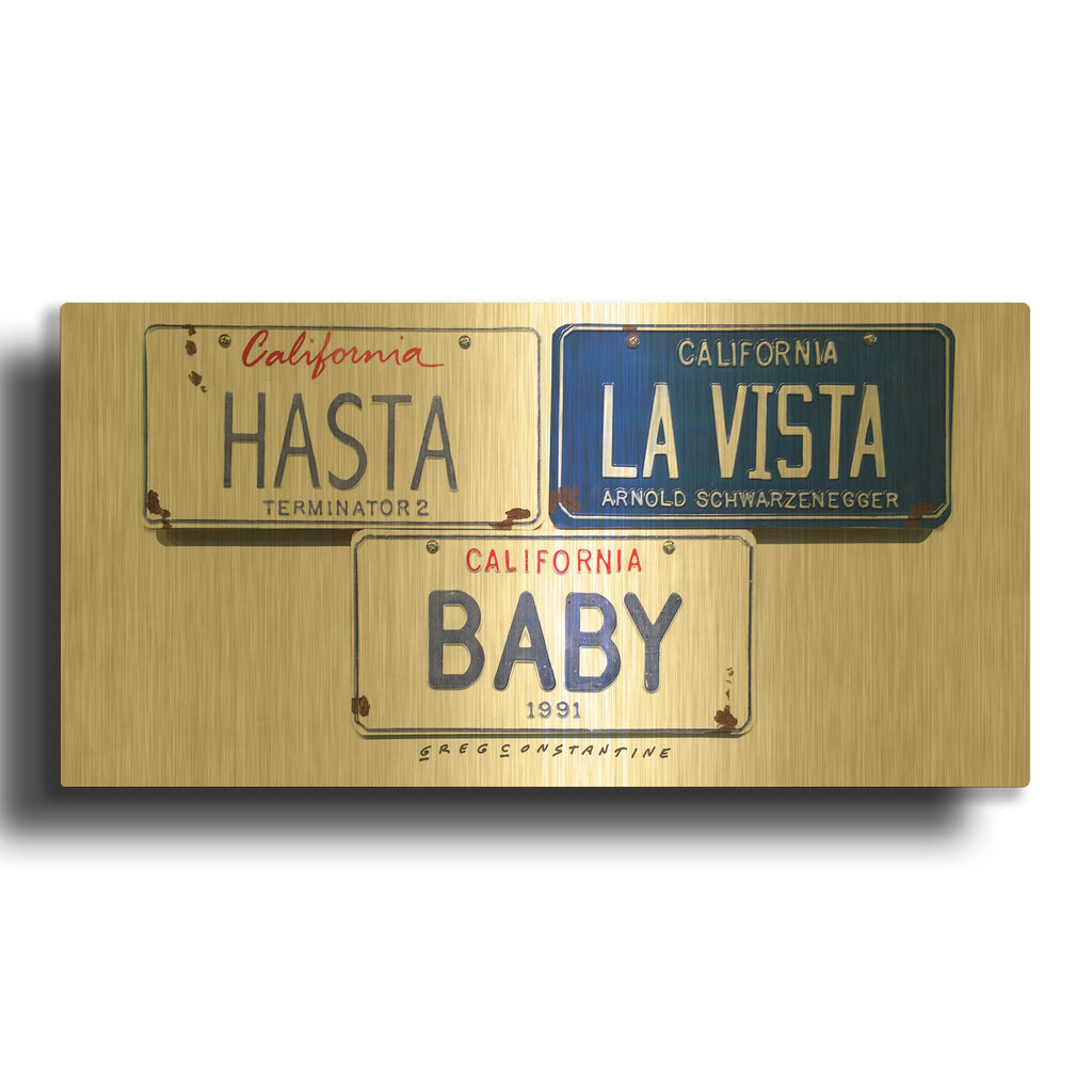 'Schwarzenneger Hasta La Vista' By Gregory Constantine Gold Metal Wall Art