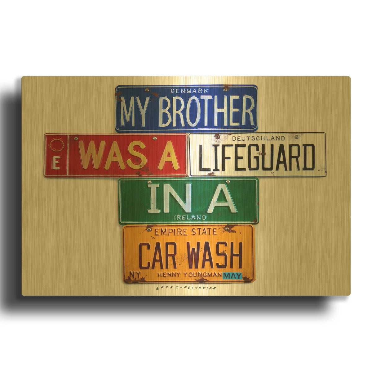 'Youngman Lifeguard In A Carwash' By Gregory Constantine Gold Metal Wall Art