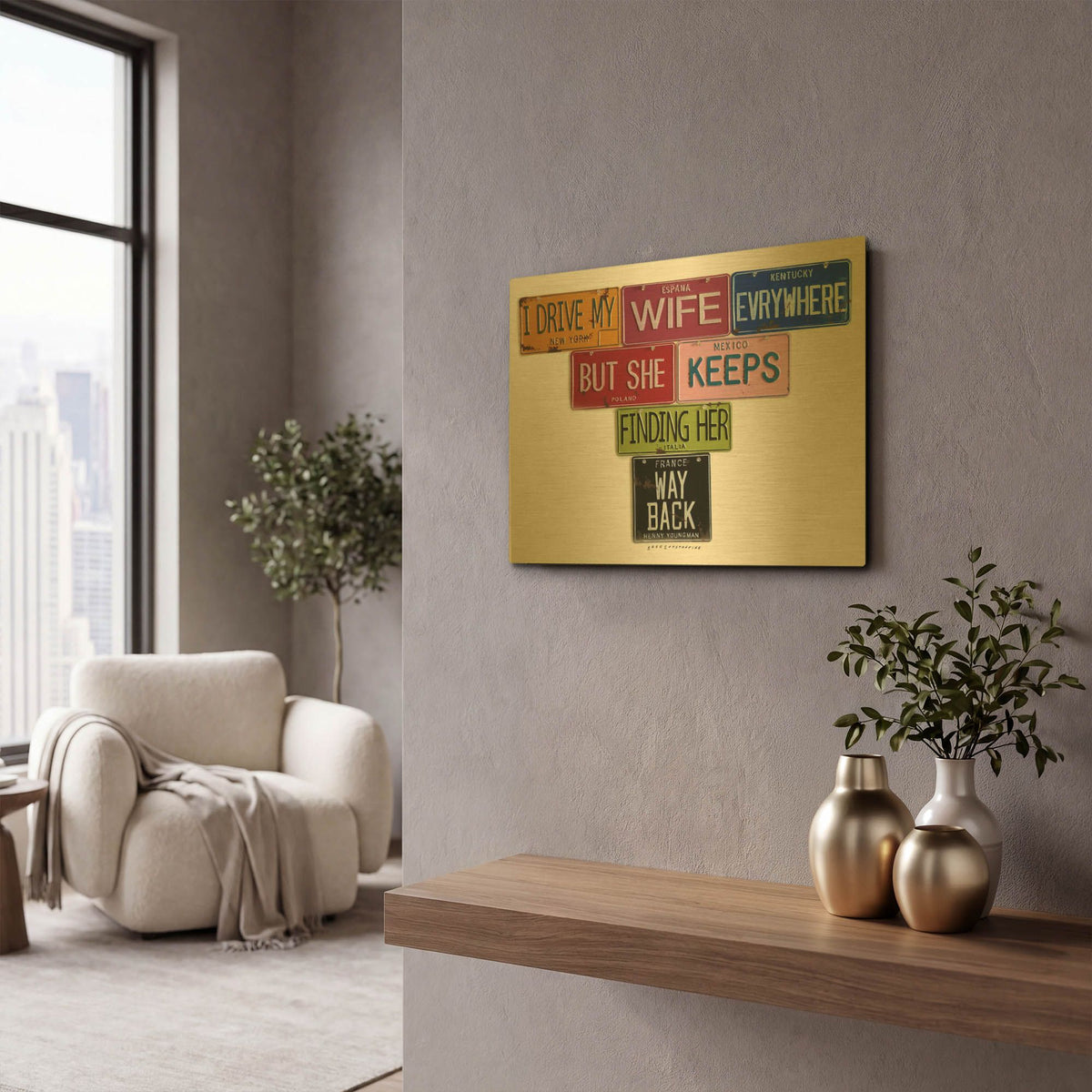 'Youngman I Drive My Wife' By Gregory Constantine Gold Metal Wall Art
