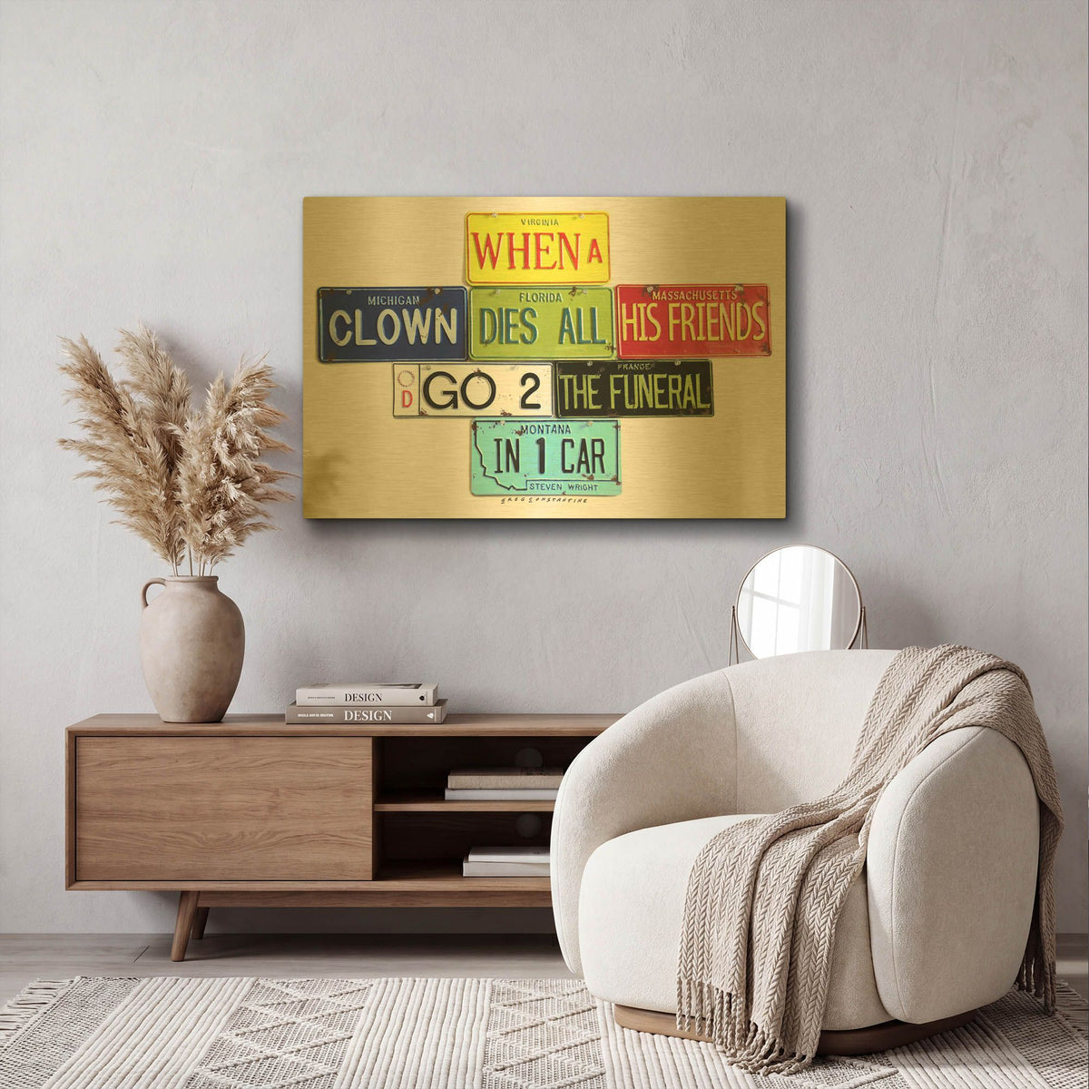 'Wright When A Clown Dies' By Gregory Constantine Gold Metal Wall Art