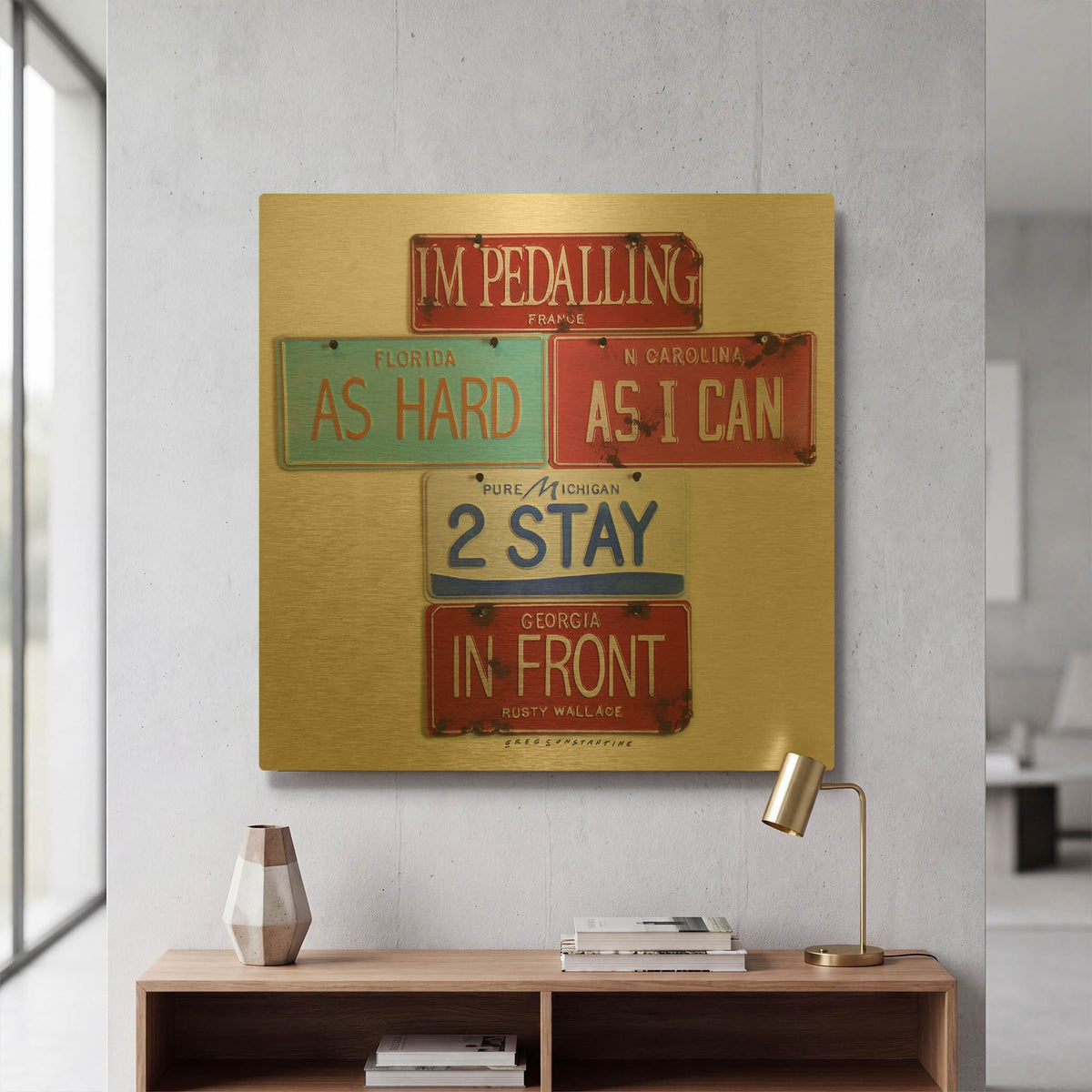 'Wallace Pedalling' By Gregory Constantine Gold Metal Wall Art