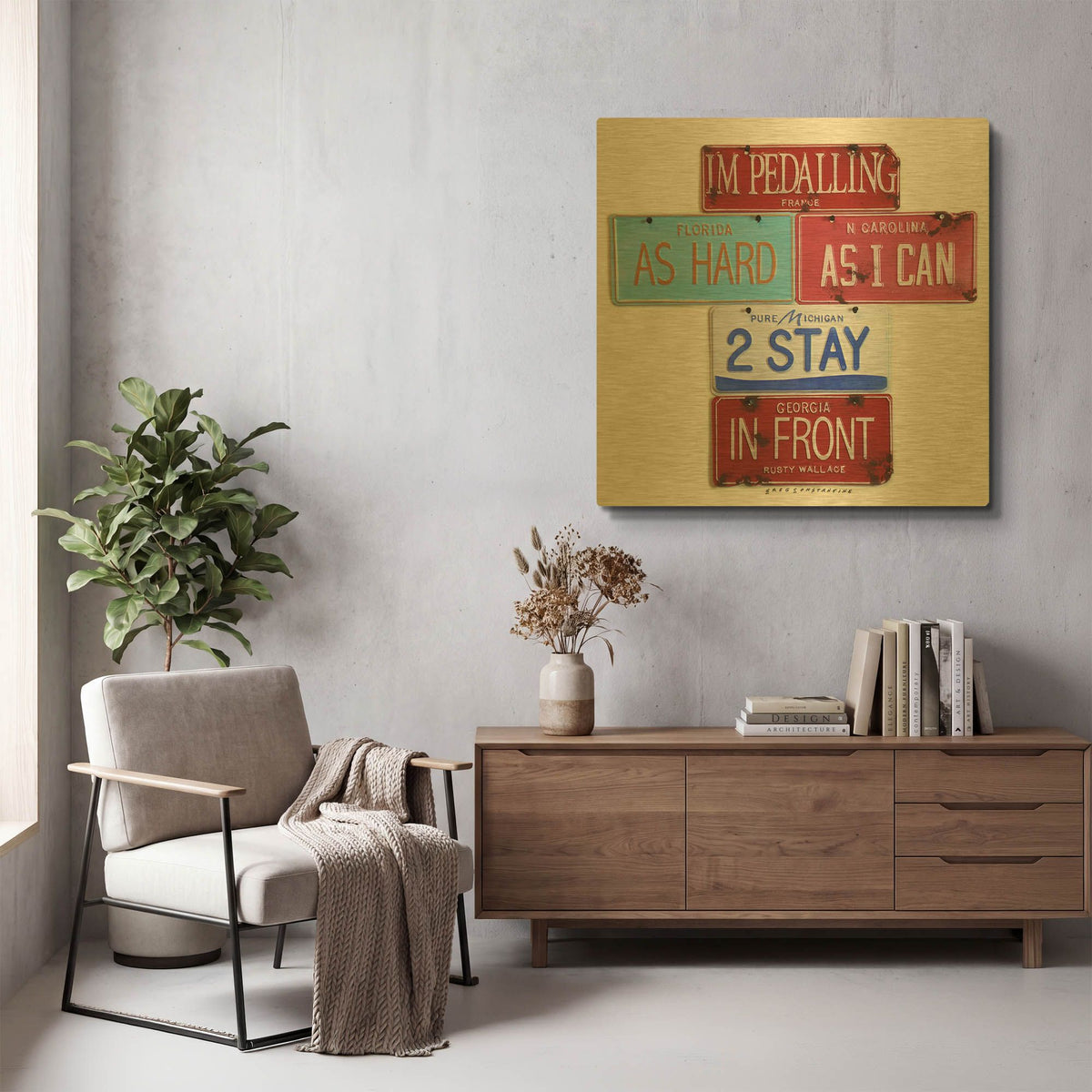 'Wallace Pedalling' By Gregory Constantine Gold Metal Wall Art