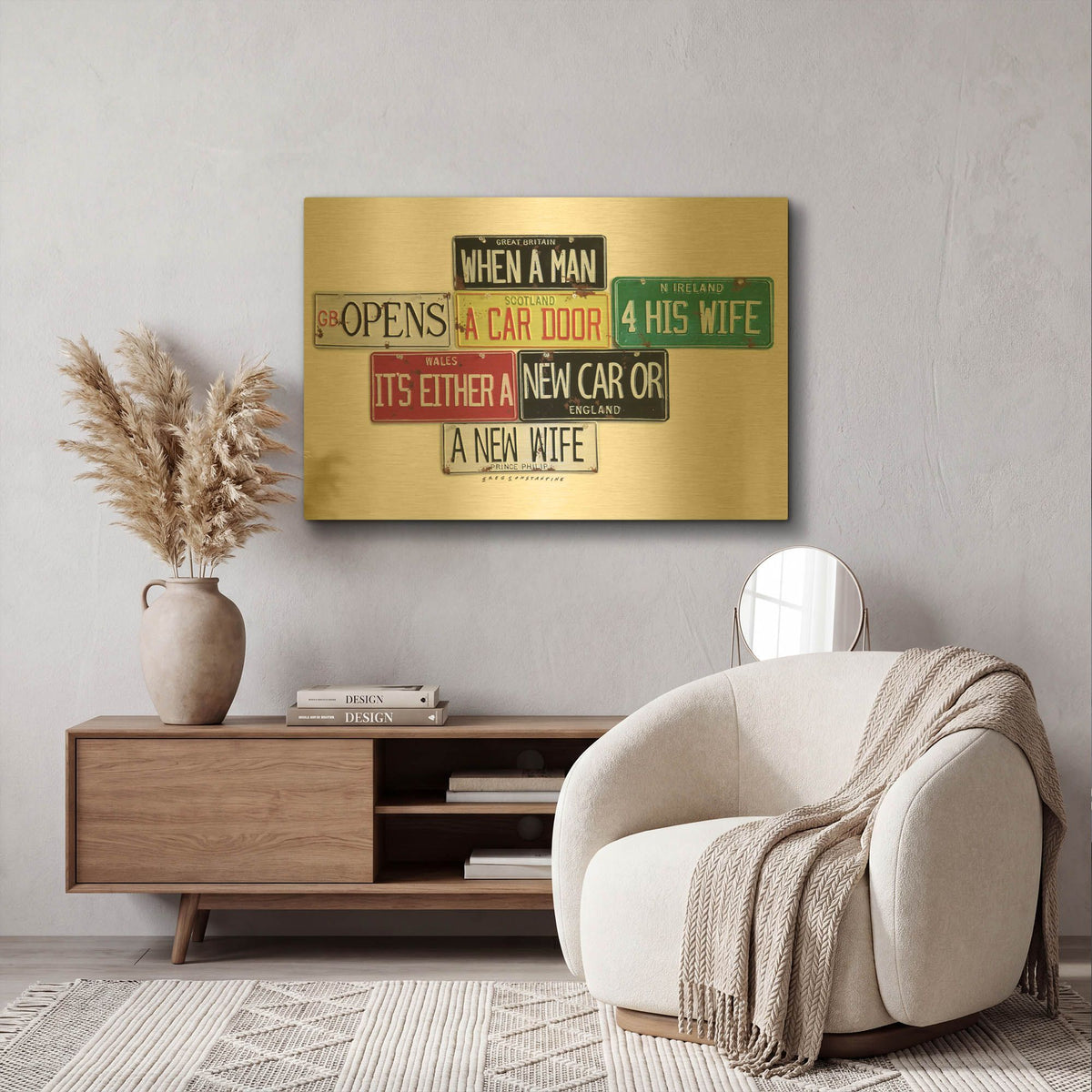 'Prince Phillip New Car Or New Wife' By Gregory Constantine Gold Metal Wall Art