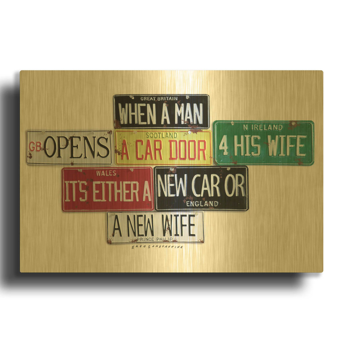 'Prince Phillip New Car Or New Wife' By Gregory Constantine Gold Metal Wall Art