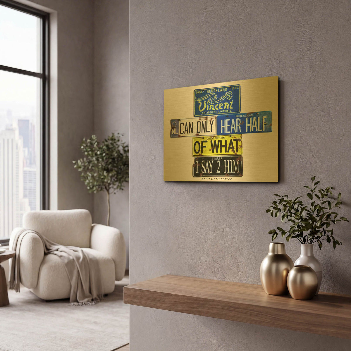 'Vincent Hears Half' By Gregory Constantine Gold Metal Wall Art