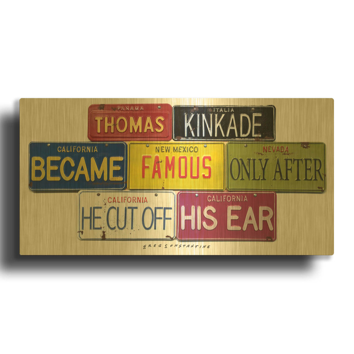 'Kinkade Cuts Ear' By Gregory Constantine Gold Metal Wall Art