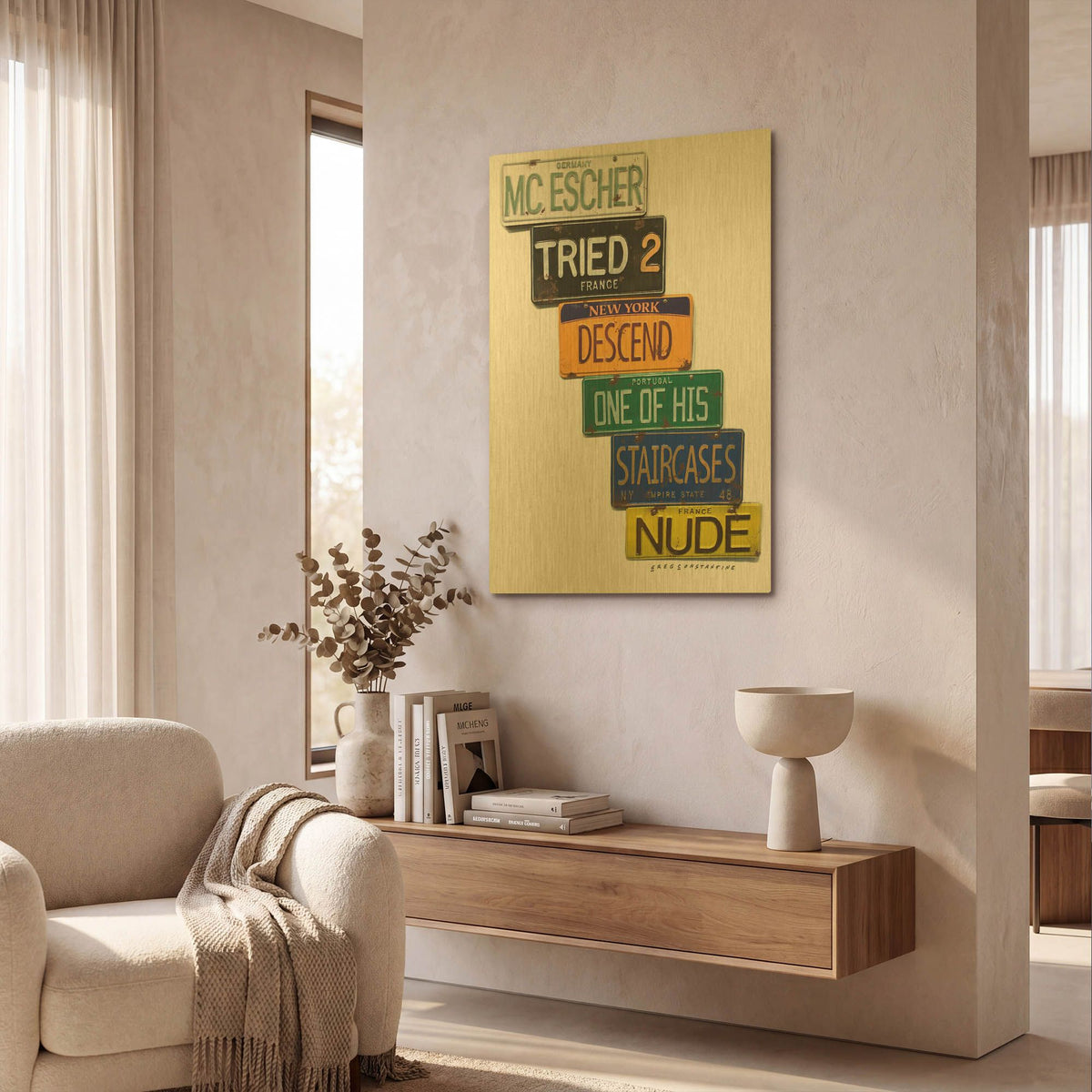'Escher Descends' By Gregory Constantine Gold Metal Wall Art