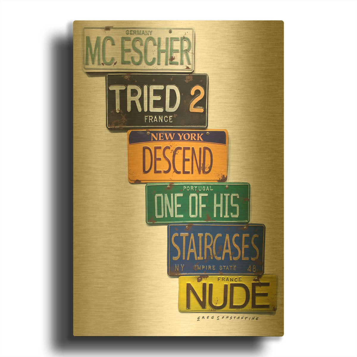 'Escher Descends' By Gregory Constantine Gold Metal Wall Art