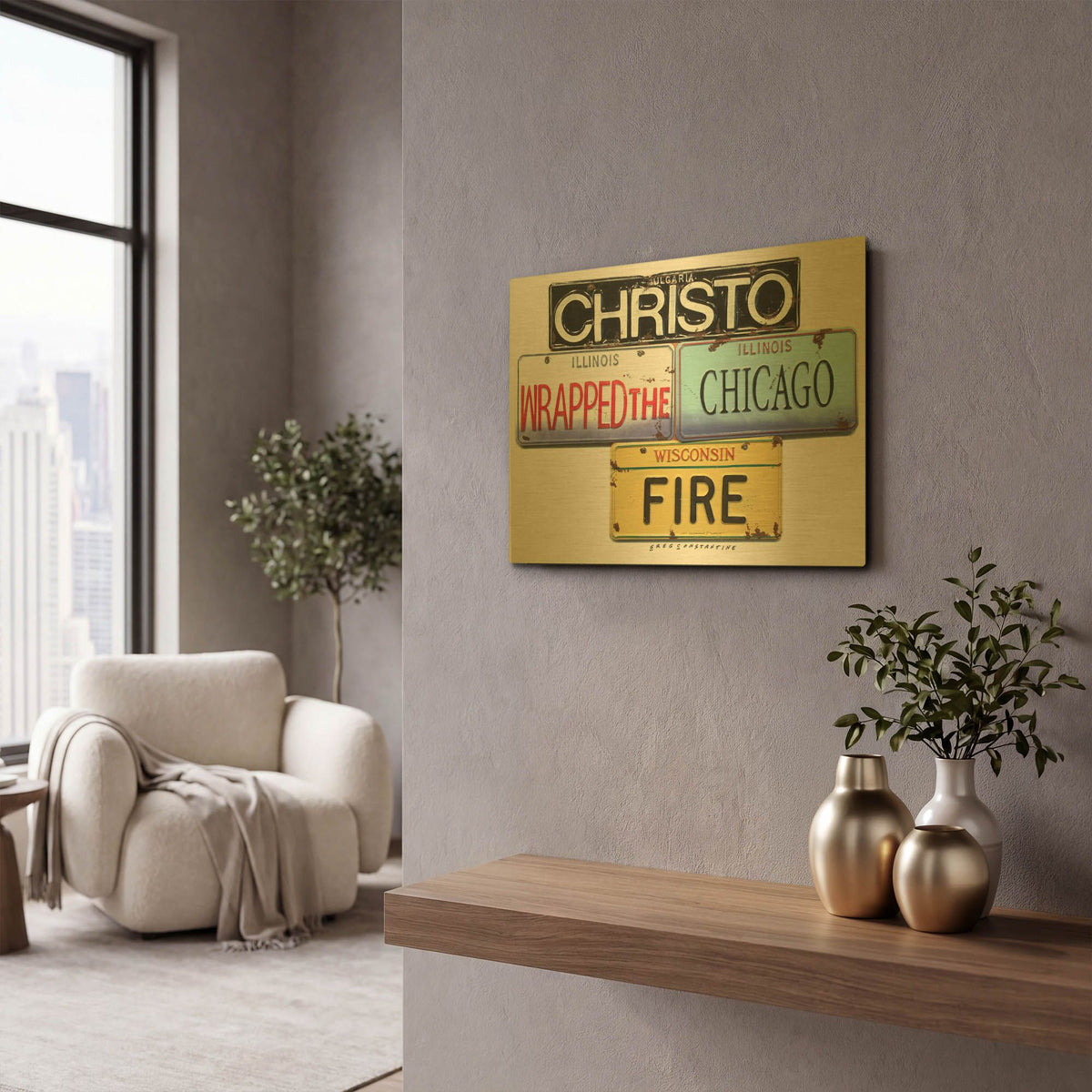 'Christo Chicago Fire' By Gregory Constantine Gold Metal Wall Art
