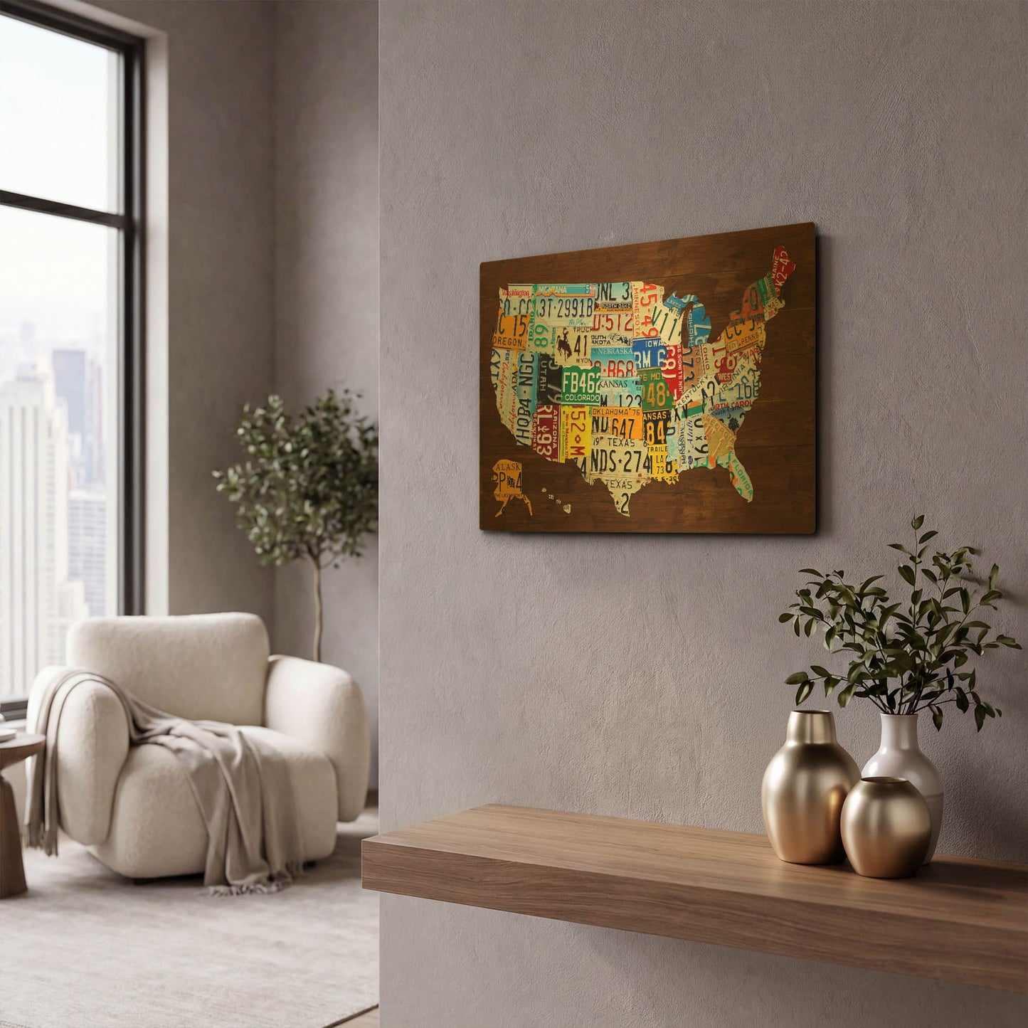 'United States of America License Plate Map 2018' By Design Turnpike Gold Metal Wall Art