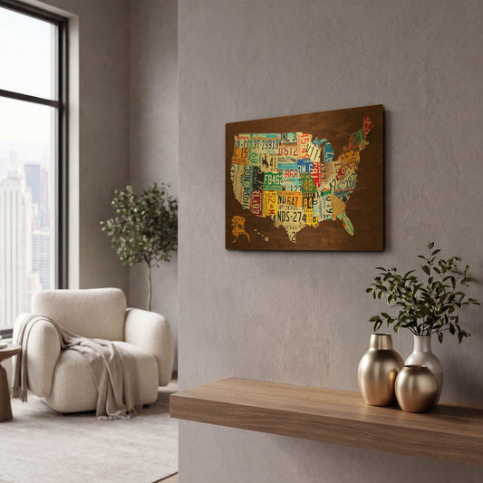 'United States of America License Plate Map 2018' By Design Turnpike Gold Metal Wall Art