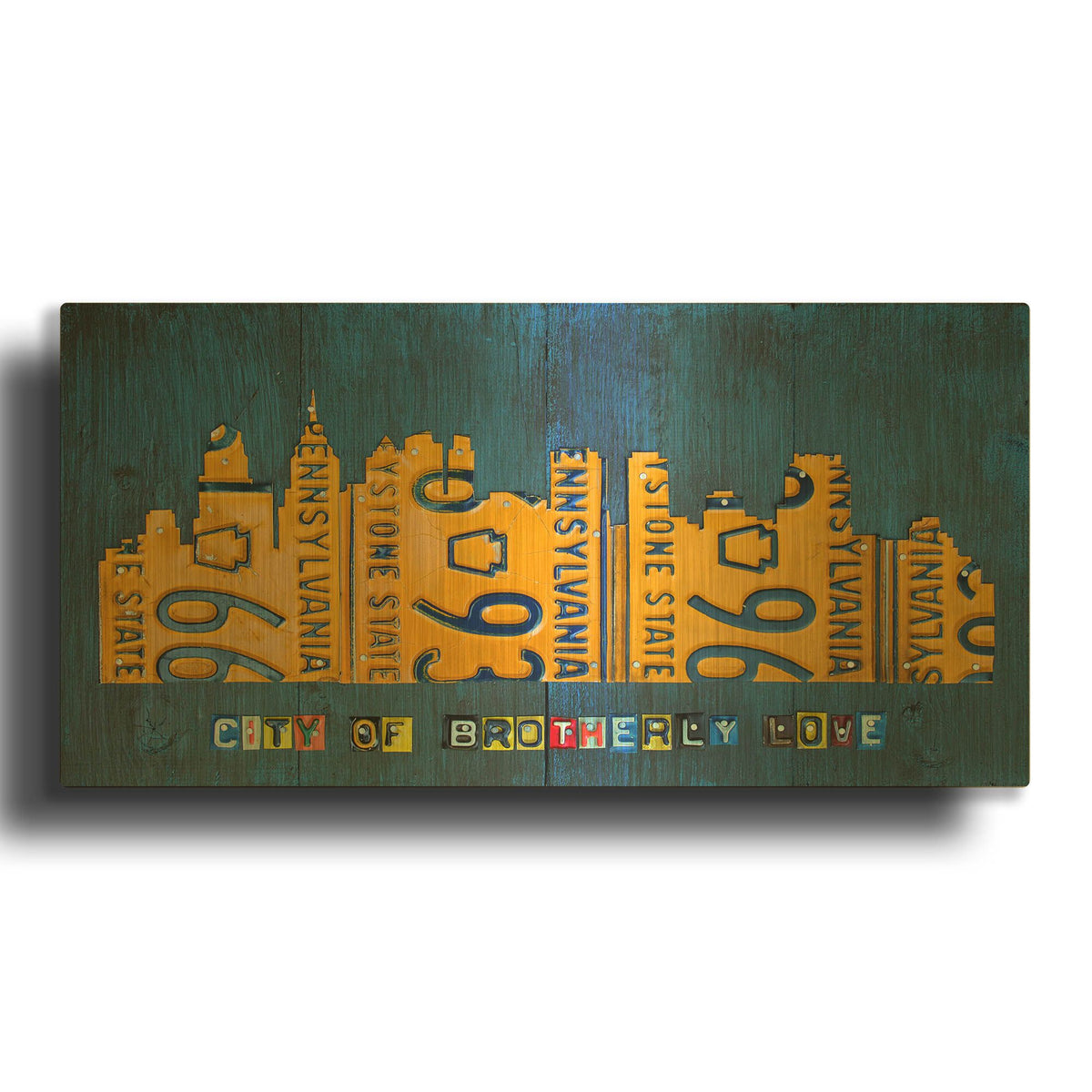 'Philly Skyline License Plate Art' By Design Turnpike Gold Metal Wall Art
