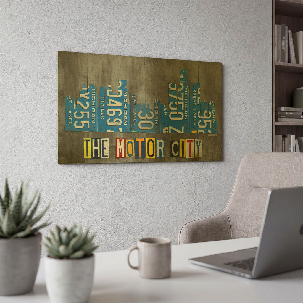 'Detroit City Skyline License Plate Art' By Design Turnpike Gold Metal Wall Art