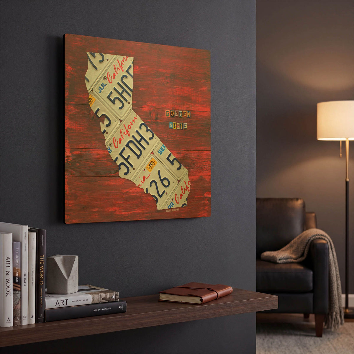 'California License Plate Map Red' By Design Turnpike Gold Metal Wall Art