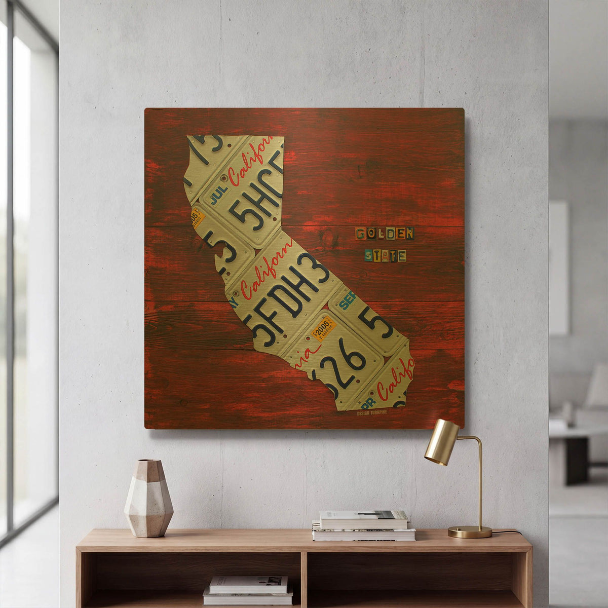 'California License Plate Map Red' By Design Turnpike Gold Metal Wall Art