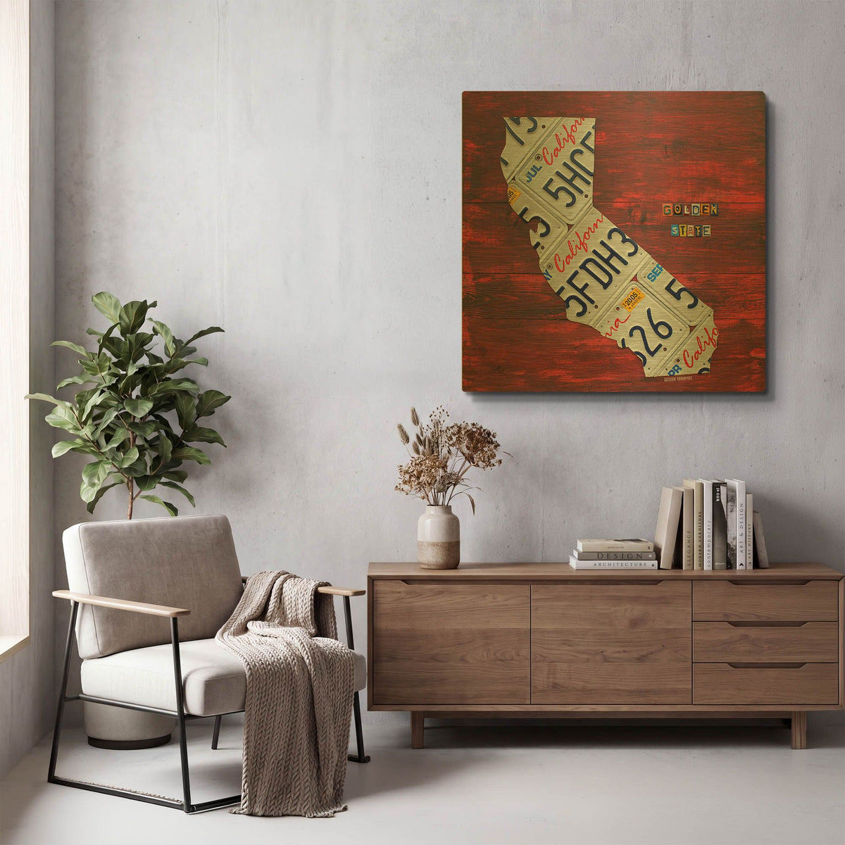'California License Plate Map Red' By Design Turnpike Gold Metal Wall Art