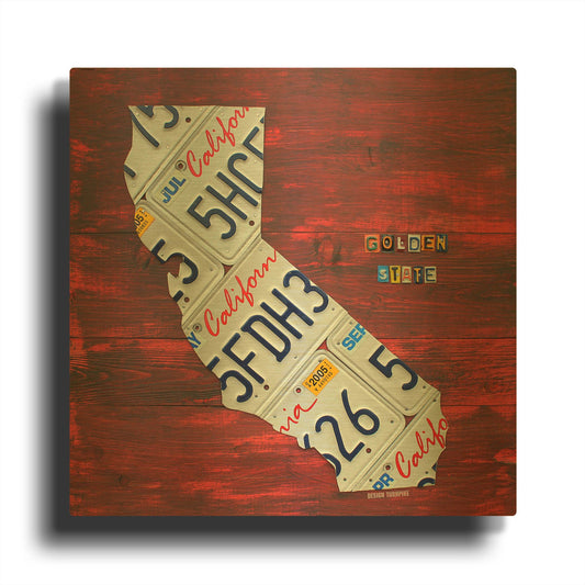 'California License Plate Map Red' By Design Turnpike Gold Metal Wall Art